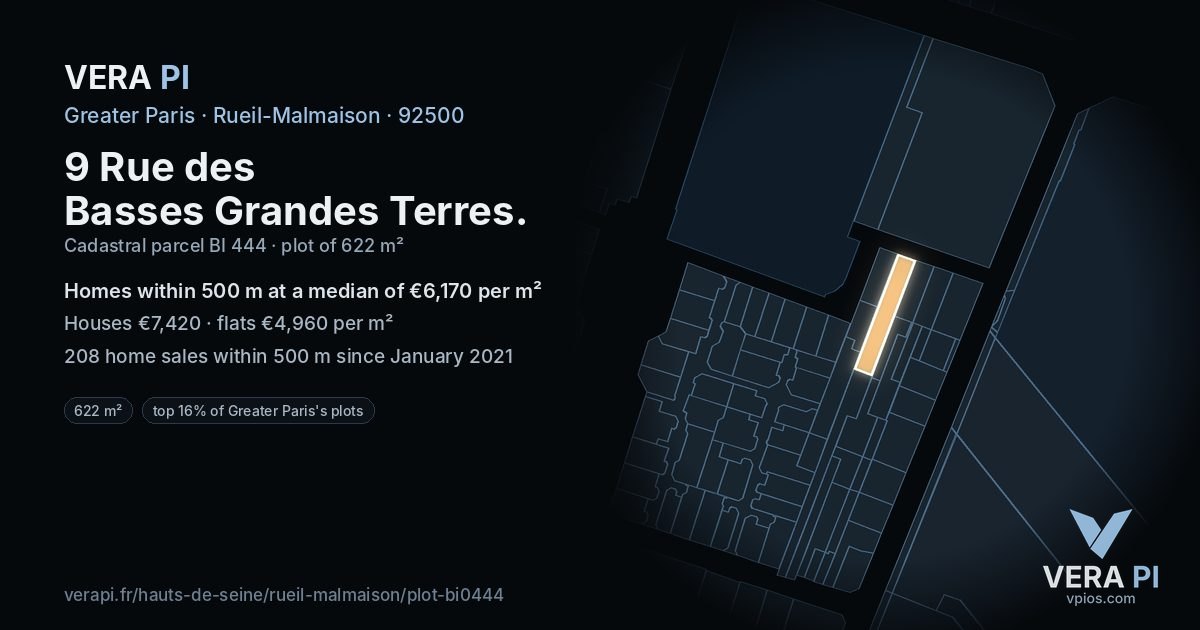 9 Rue des Basses Grandes Terres, Rueil-Malmaison at night – the plot lit, the parcels around coloured by the prices near them