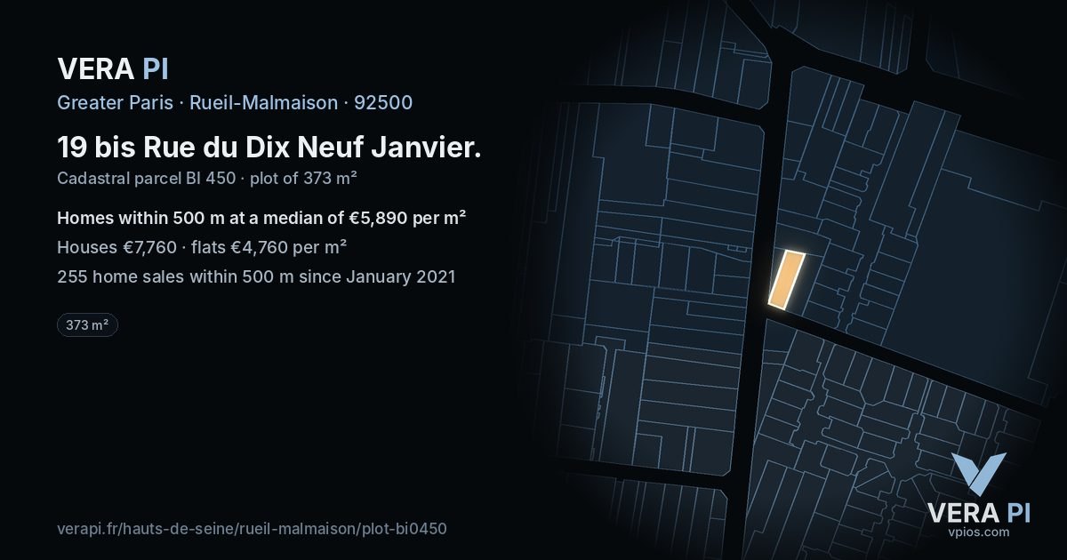 19 bis Rue du Dix Neuf Janvier, Rueil-Malmaison at night – the plot lit, the parcels around coloured by the prices near them