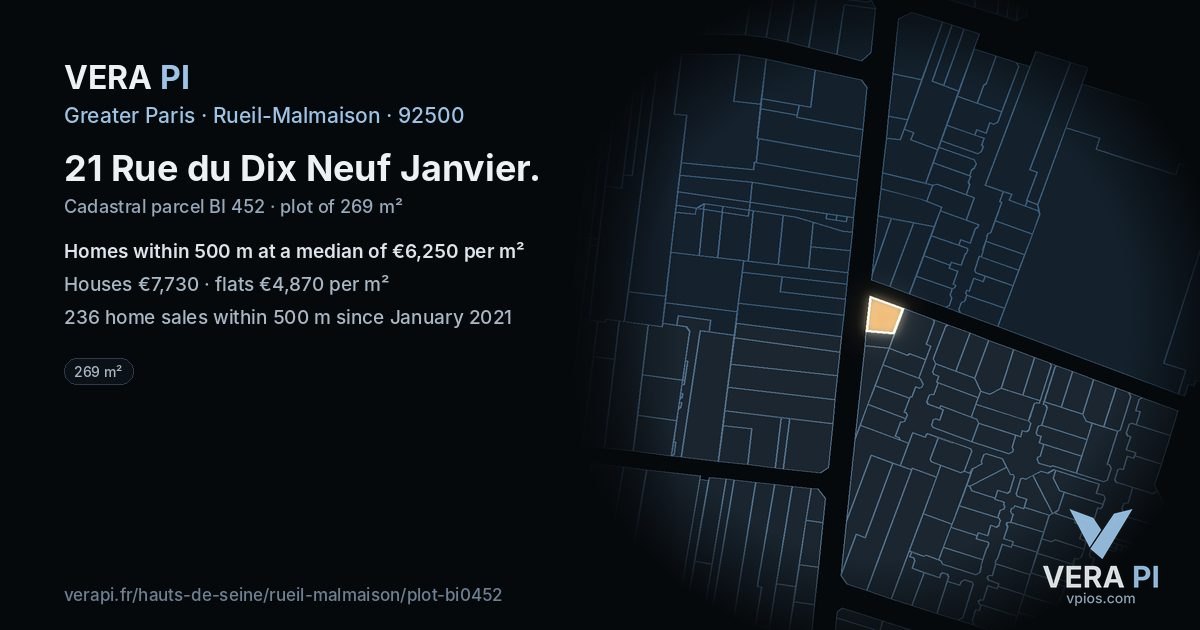 21 Rue du Dix Neuf Janvier, Rueil-Malmaison at night – the plot lit, the parcels around coloured by the prices near them