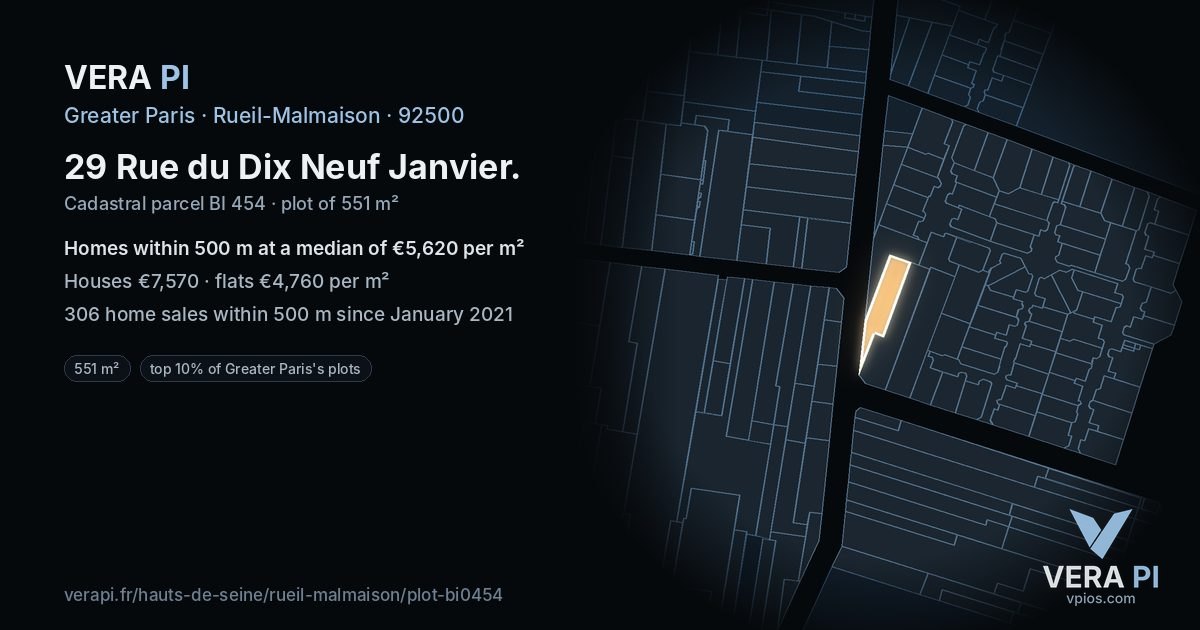 29 Rue du Dix Neuf Janvier, Rueil-Malmaison at night – the plot lit, the parcels around coloured by the prices near them