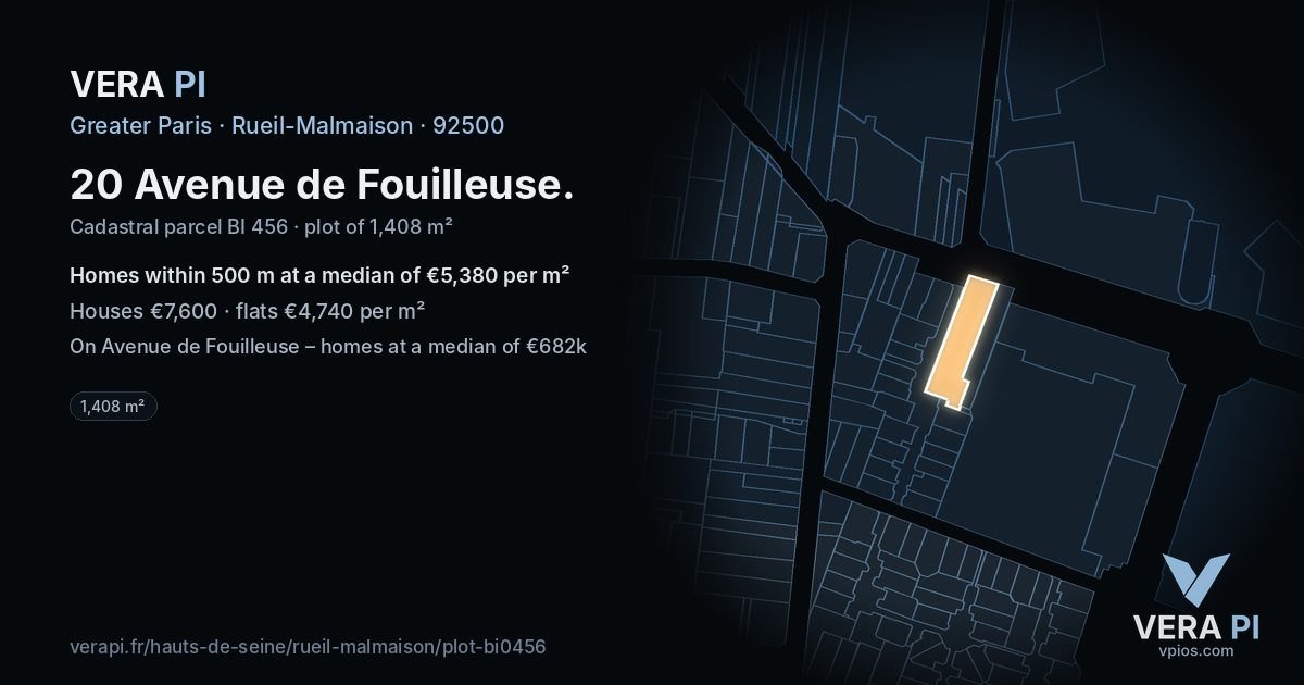 20 Avenue de Fouilleuse, Rueil-Malmaison at night – the plot lit, the parcels around coloured by the prices near them
