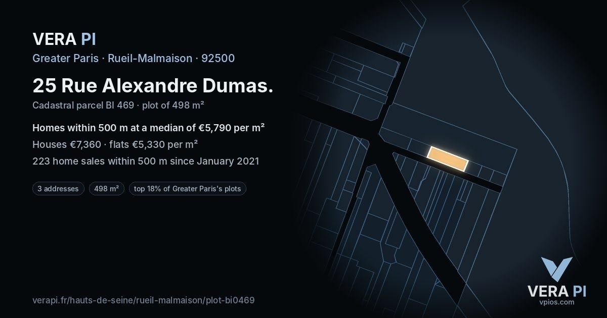 25 Rue Alexandre Dumas, Rueil-Malmaison at night – the plot lit, the parcels around coloured by the prices near them