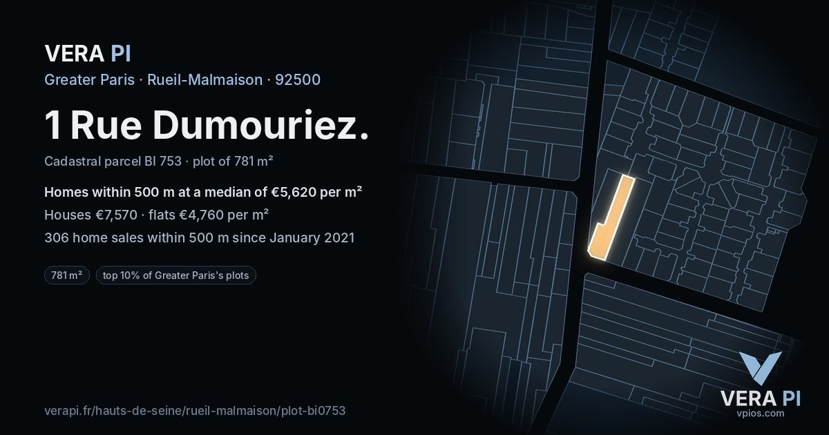 1 Rue Dumouriez, Rueil-Malmaison at night – the plot lit, the parcels around coloured by the prices near them