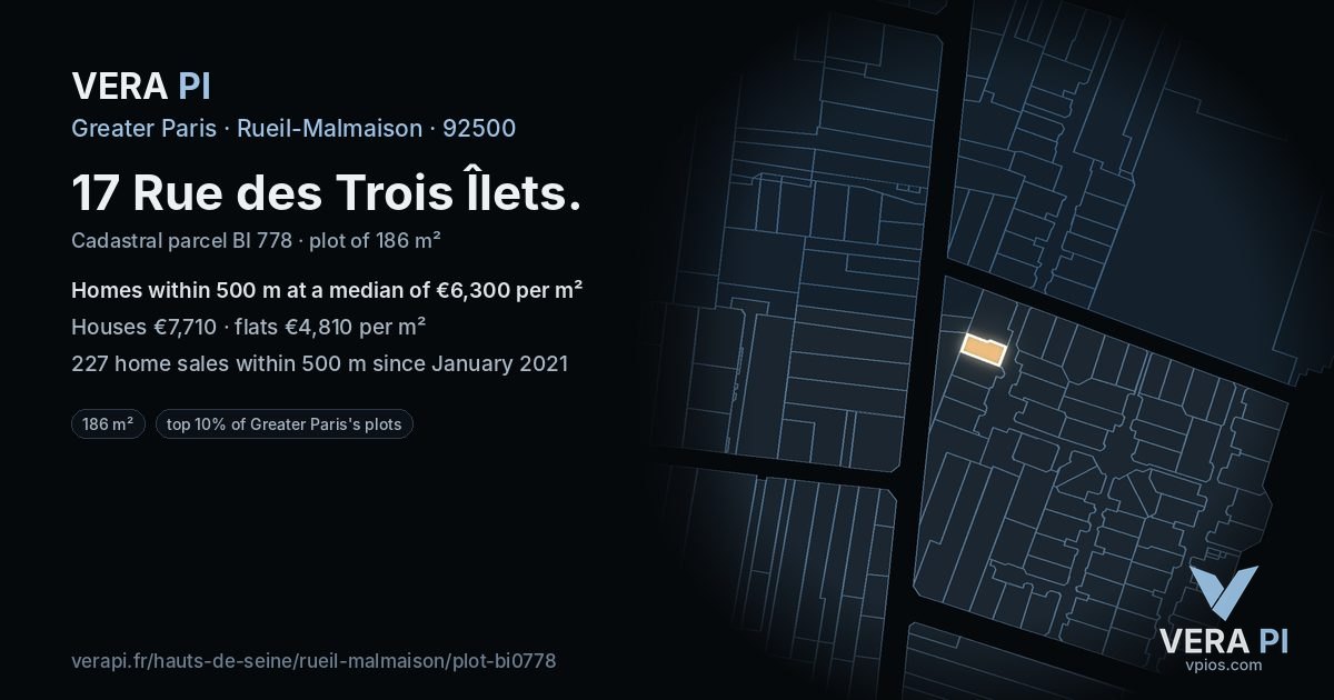 17 Rue des Trois Îlets, Rueil-Malmaison at night – the plot lit, the parcels around coloured by the prices near them