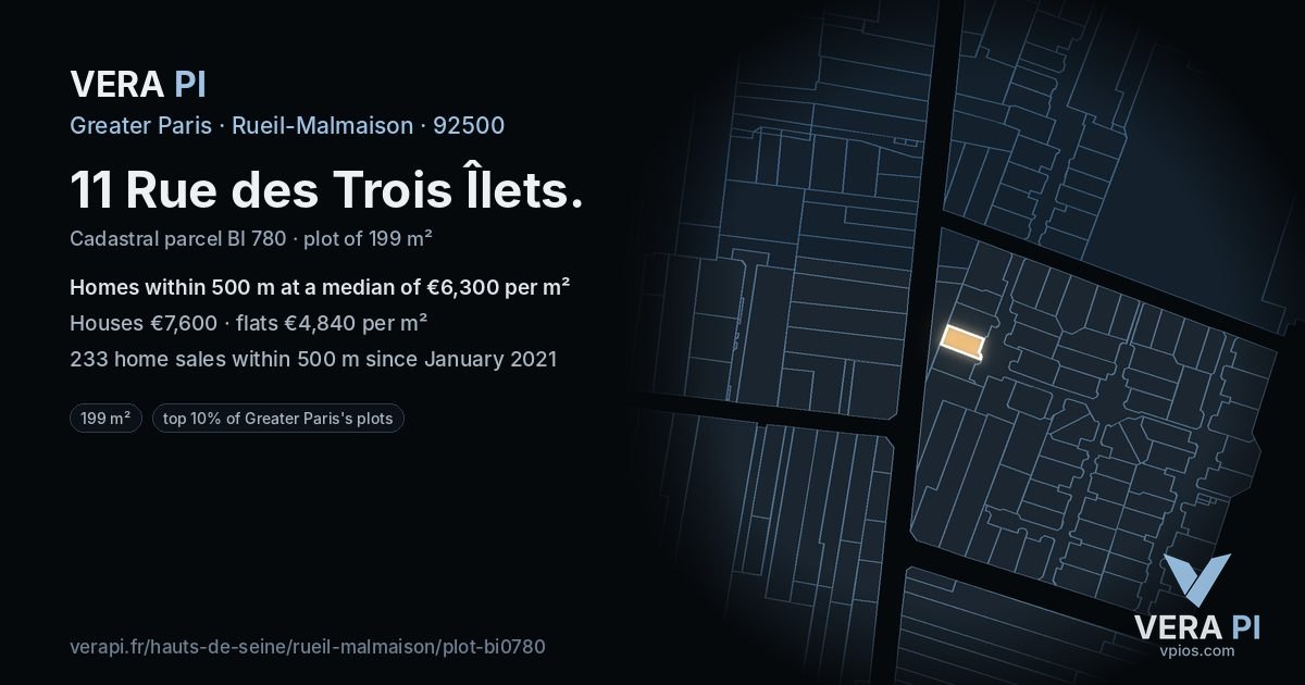11 Rue des Trois Îlets, Rueil-Malmaison at night – the plot lit, the parcels around coloured by the prices near them