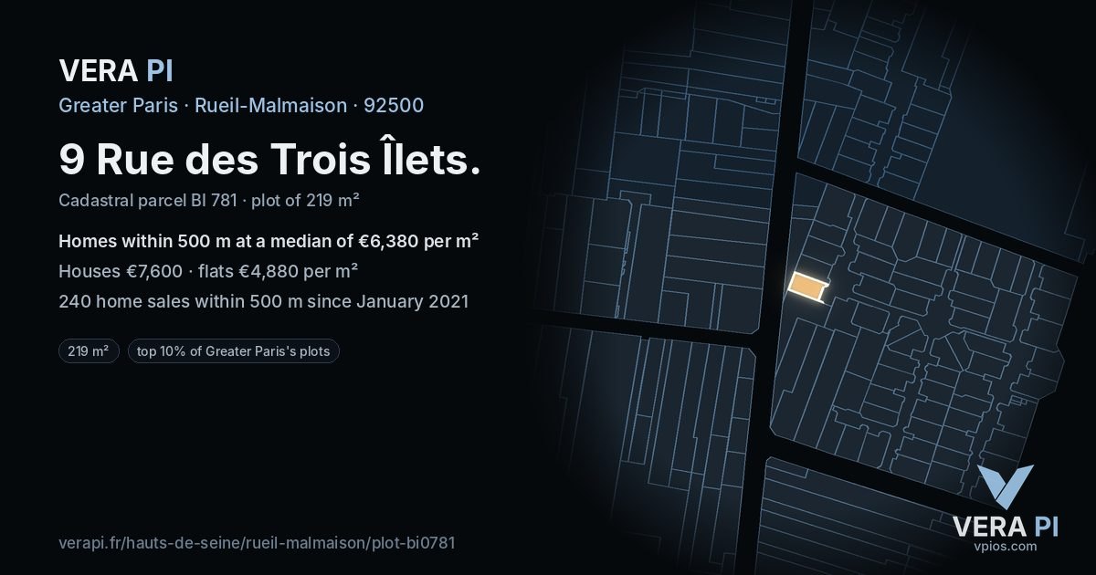 9 Rue des Trois Îlets, Rueil-Malmaison at night – the plot lit, the parcels around coloured by the prices near them