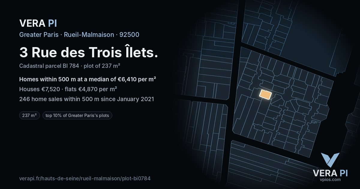 3 Rue des Trois Îlets, Rueil-Malmaison at night – the plot lit, the parcels around coloured by the prices near them