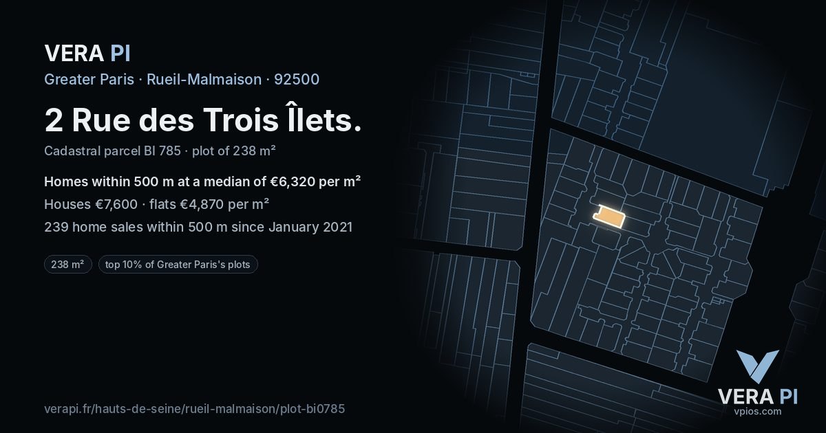2 Rue des Trois Îlets, Rueil-Malmaison at night – the plot lit, the parcels around coloured by the prices near them