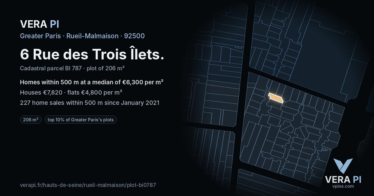 6 Rue des Trois Îlets, Rueil-Malmaison at night – the plot lit, the parcels around coloured by the prices near them