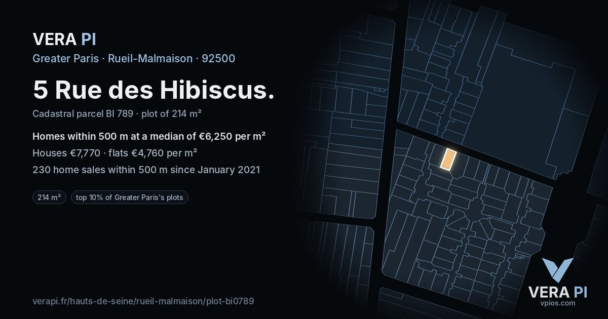 5 Rue des Hibiscus, Rueil-Malmaison at night – the plot lit, the parcels around coloured by the prices near them