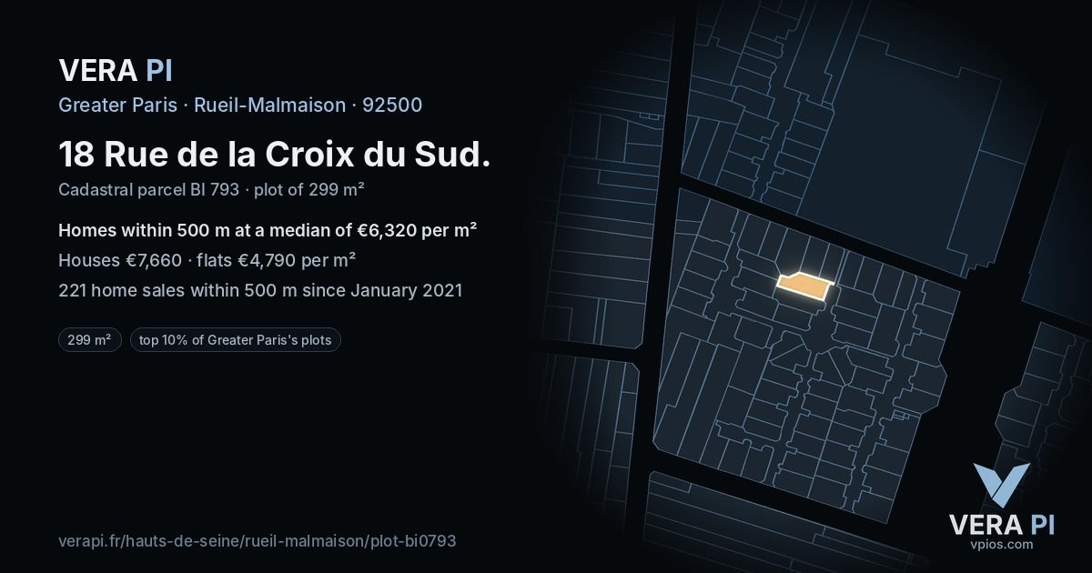 18 Rue de la Croix du Sud, Rueil-Malmaison at night – the plot lit, the parcels around coloured by the prices near them