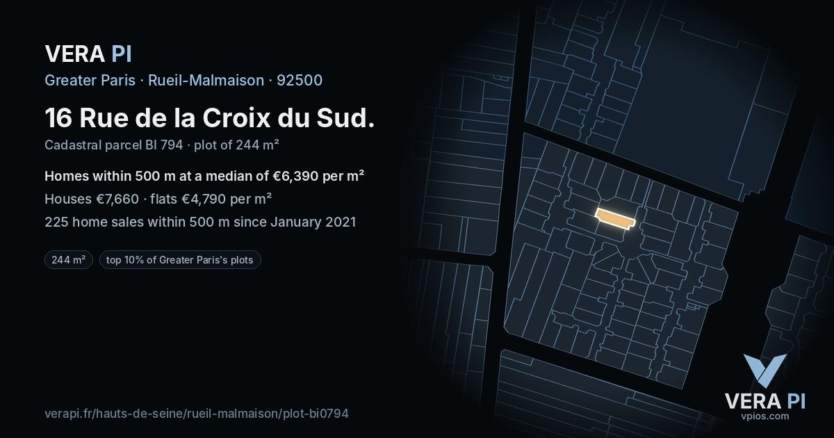 16 Rue de la Croix du Sud, Rueil-Malmaison at night – the plot lit, the parcels around coloured by the prices near them
