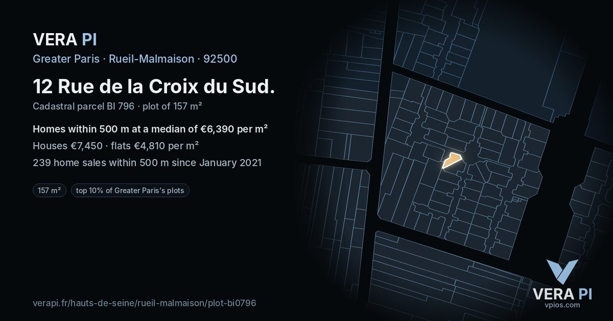 12 Rue de la Croix du Sud, Rueil-Malmaison at night – the plot lit, the parcels around coloured by the prices near them