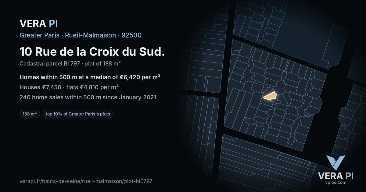 10 Rue de la Croix du Sud, Rueil-Malmaison at night – the plot lit, the parcels around coloured by the prices near them