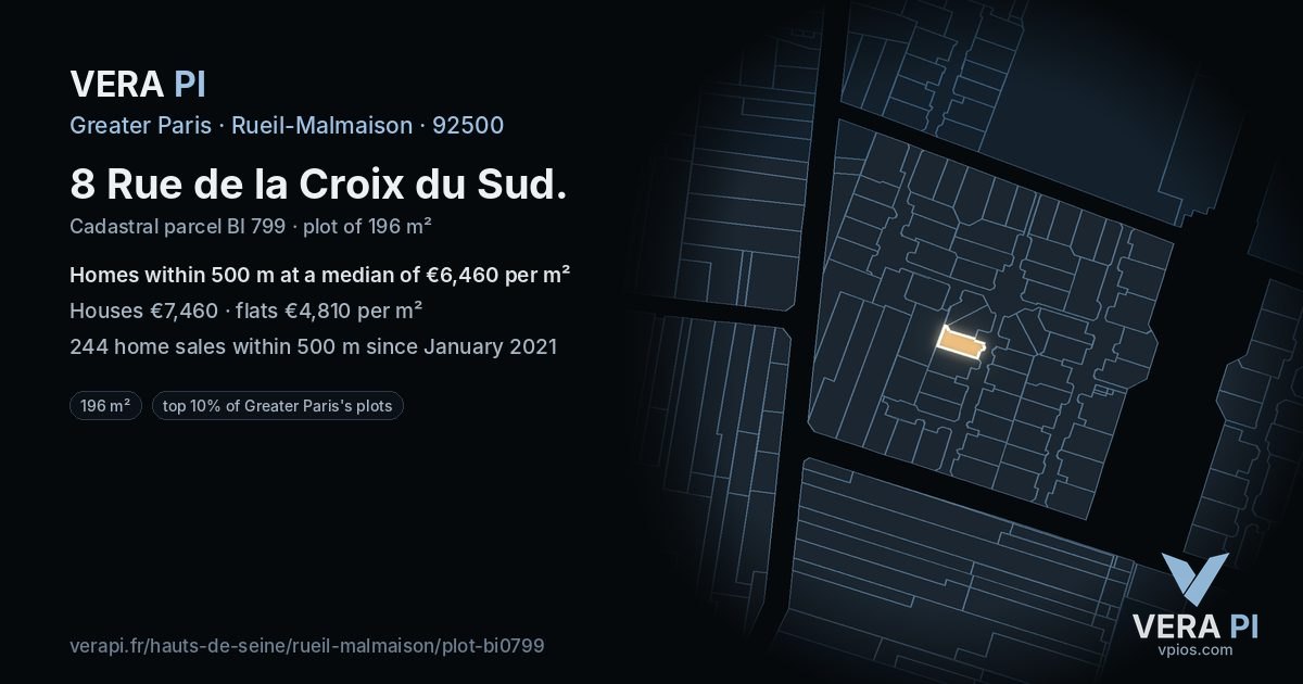 8 Rue de la Croix du Sud, Rueil-Malmaison at night – the plot lit, the parcels around coloured by the prices near them