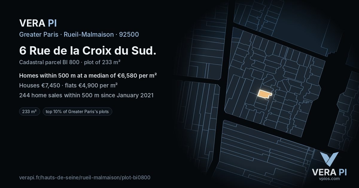 6 Rue de la Croix du Sud, Rueil-Malmaison at night – the plot lit, the parcels around coloured by the prices near them