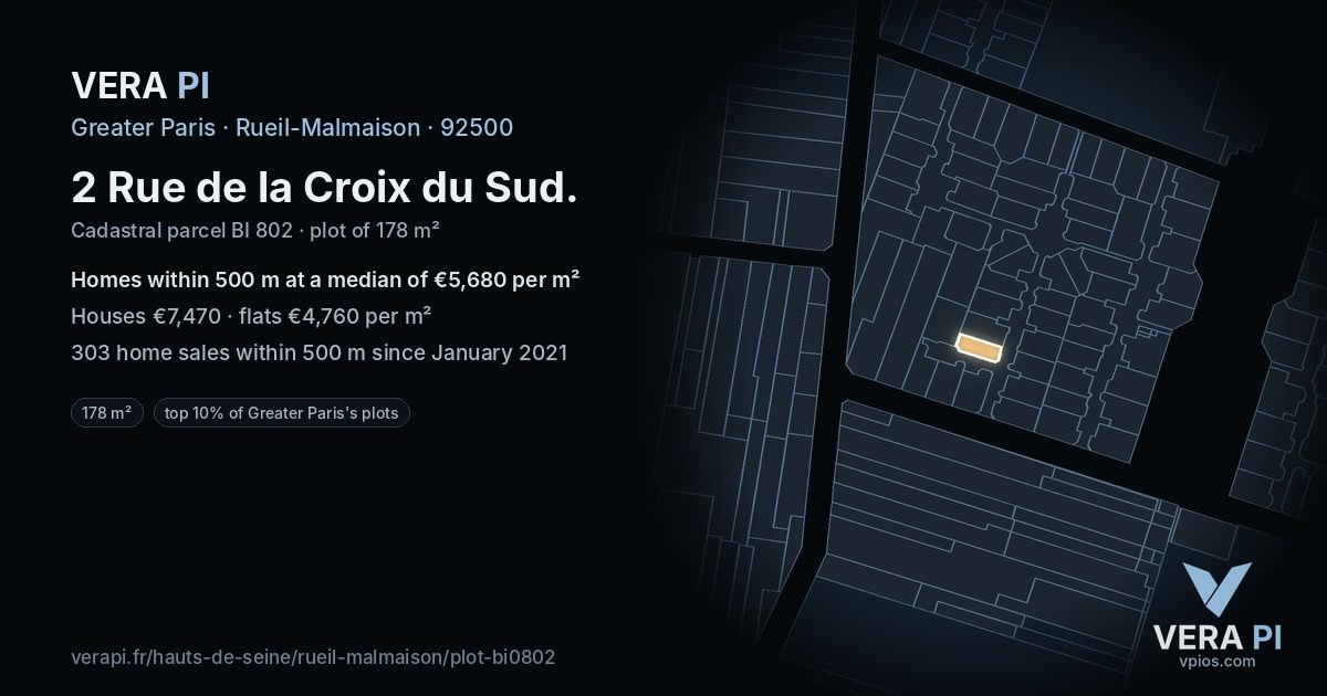 2 Rue de la Croix du Sud, Rueil-Malmaison at night – the plot lit, the parcels around coloured by the prices near them