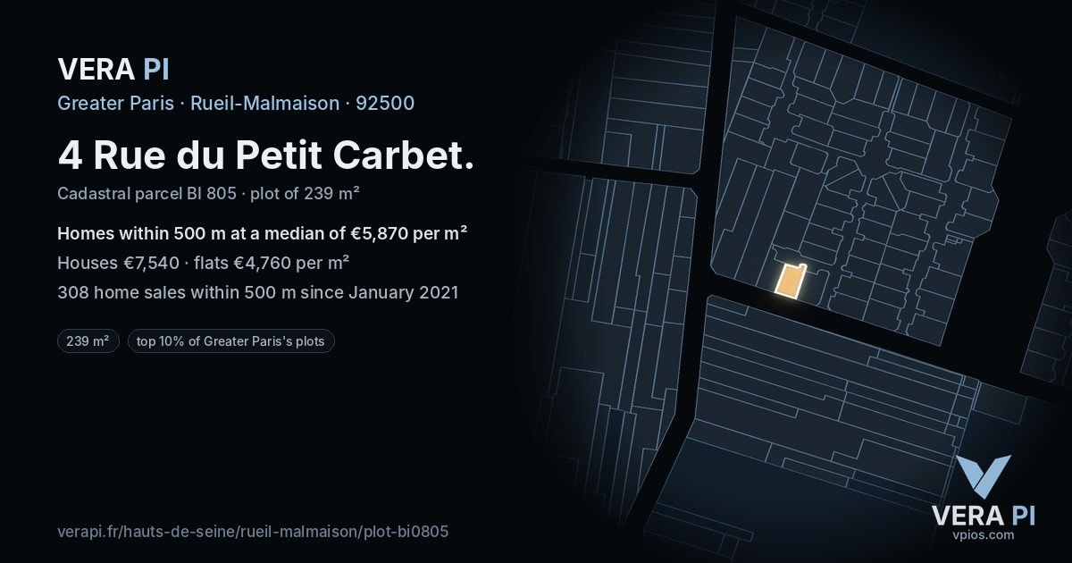 4 Rue du Petit Carbet, Rueil-Malmaison at night – the plot lit, the parcels around coloured by the prices near them