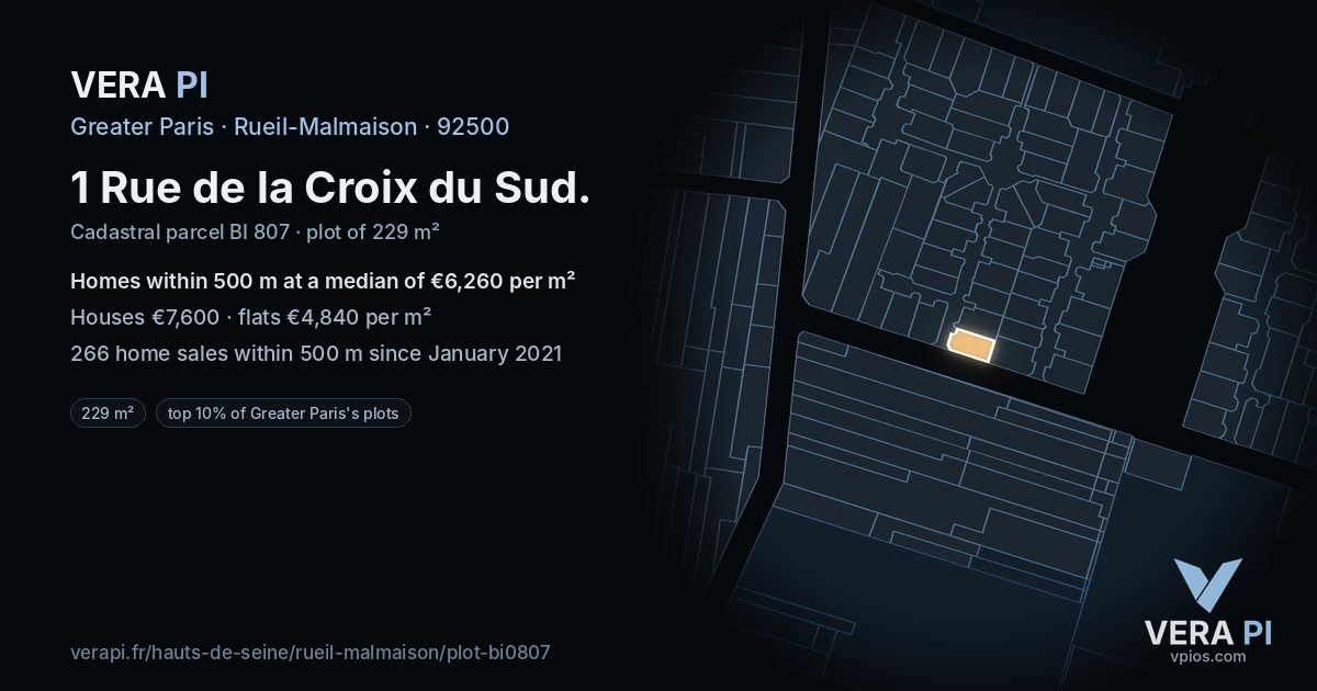 1 Rue de la Croix du Sud, Rueil-Malmaison at night – the plot lit, the parcels around coloured by the prices near them