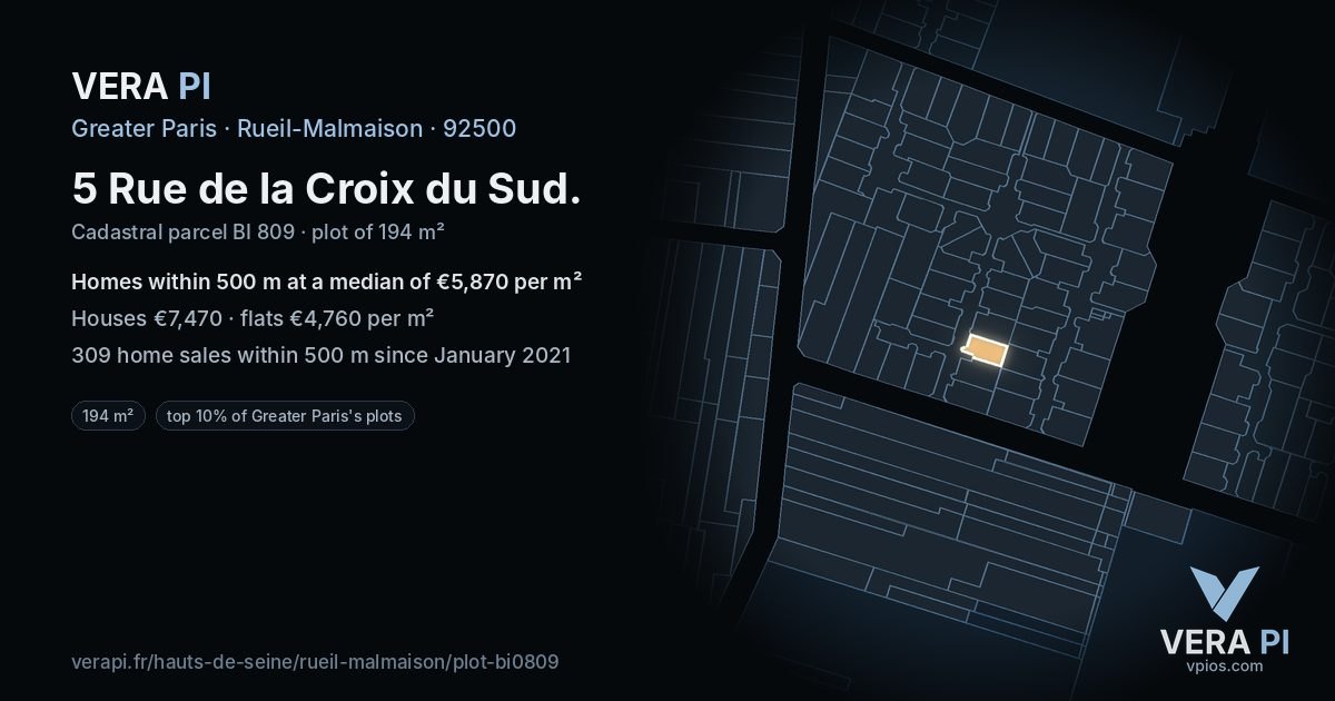 5 Rue de la Croix du Sud, Rueil-Malmaison at night – the plot lit, the parcels around coloured by the prices near them