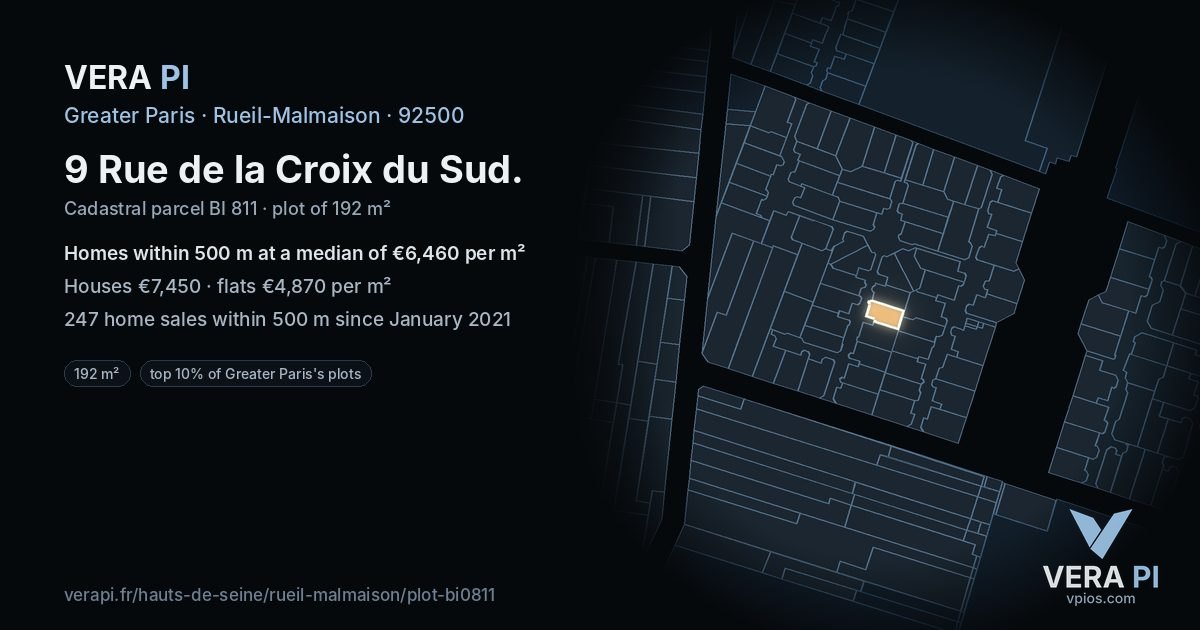 9 Rue de la Croix du Sud, Rueil-Malmaison at night – the plot lit, the parcels around coloured by the prices near them
