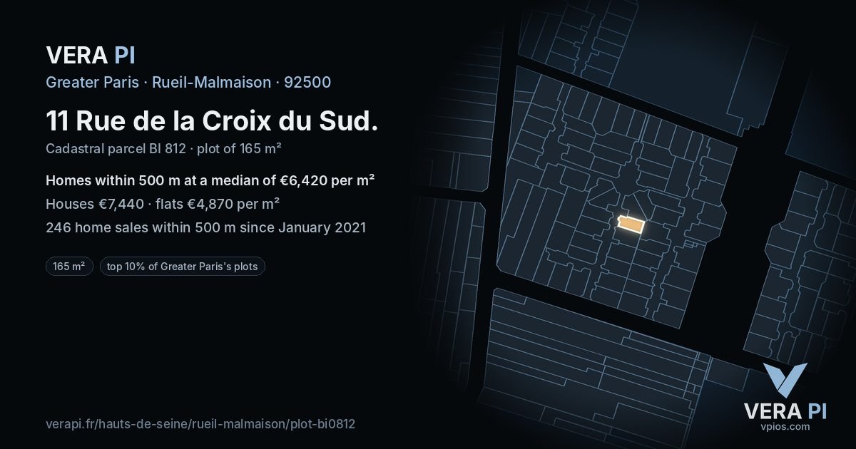 11 Rue de la Croix du Sud, Rueil-Malmaison at night – the plot lit, the parcels around coloured by the prices near them