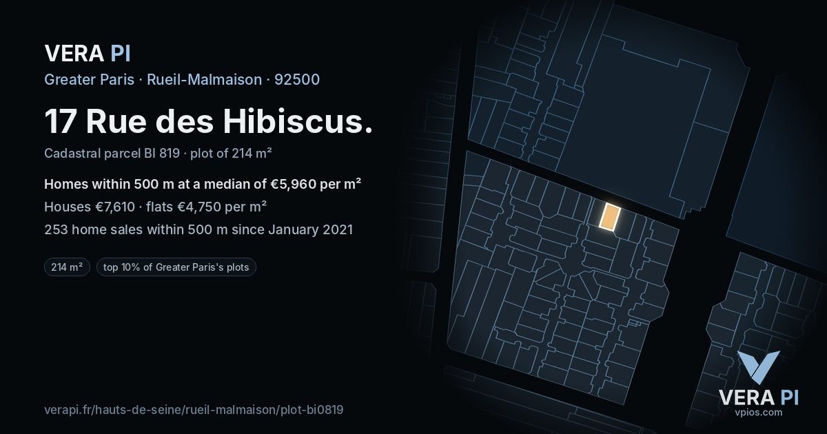 17 Rue des Hibiscus, Rueil-Malmaison at night – the plot lit, the parcels around coloured by the prices near them