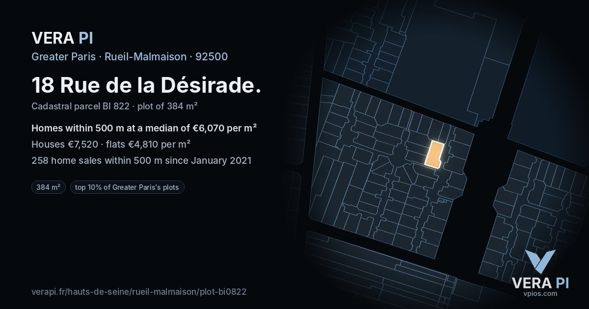 18 Rue de la Désirade, Rueil-Malmaison at night – the plot lit, the parcels around coloured by the prices near them