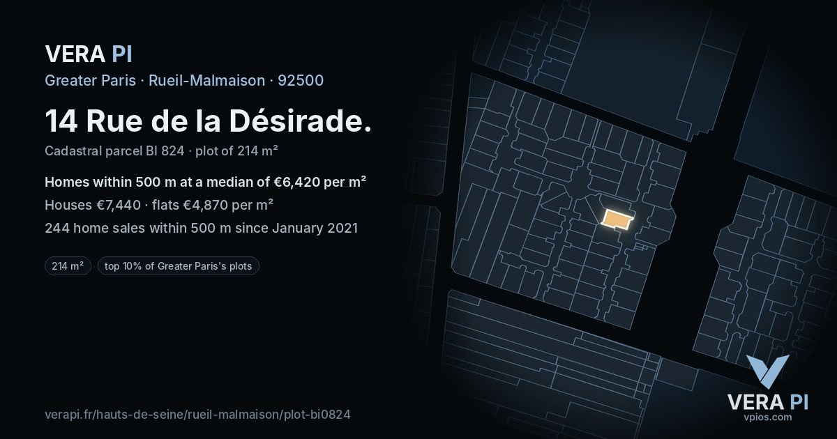 14 Rue de la Désirade, Rueil-Malmaison at night – the plot lit, the parcels around coloured by the prices near them