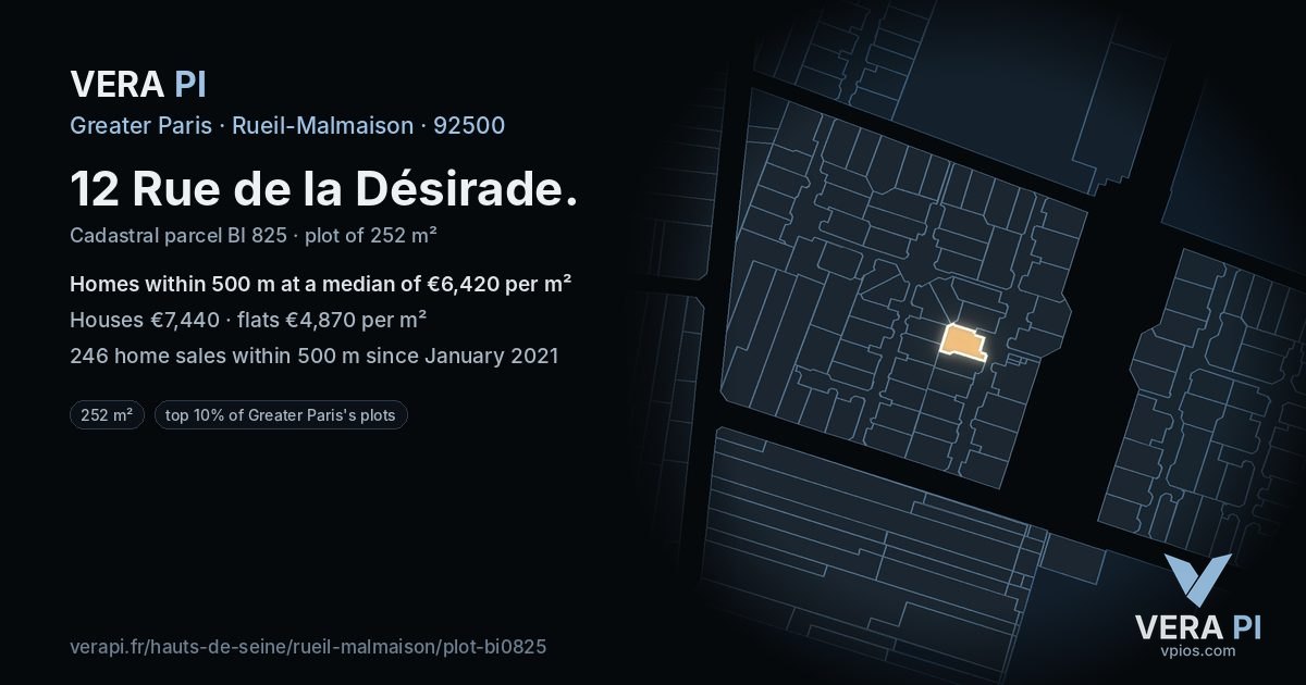 12 Rue de la Désirade, Rueil-Malmaison at night – the plot lit, the parcels around coloured by the prices near them