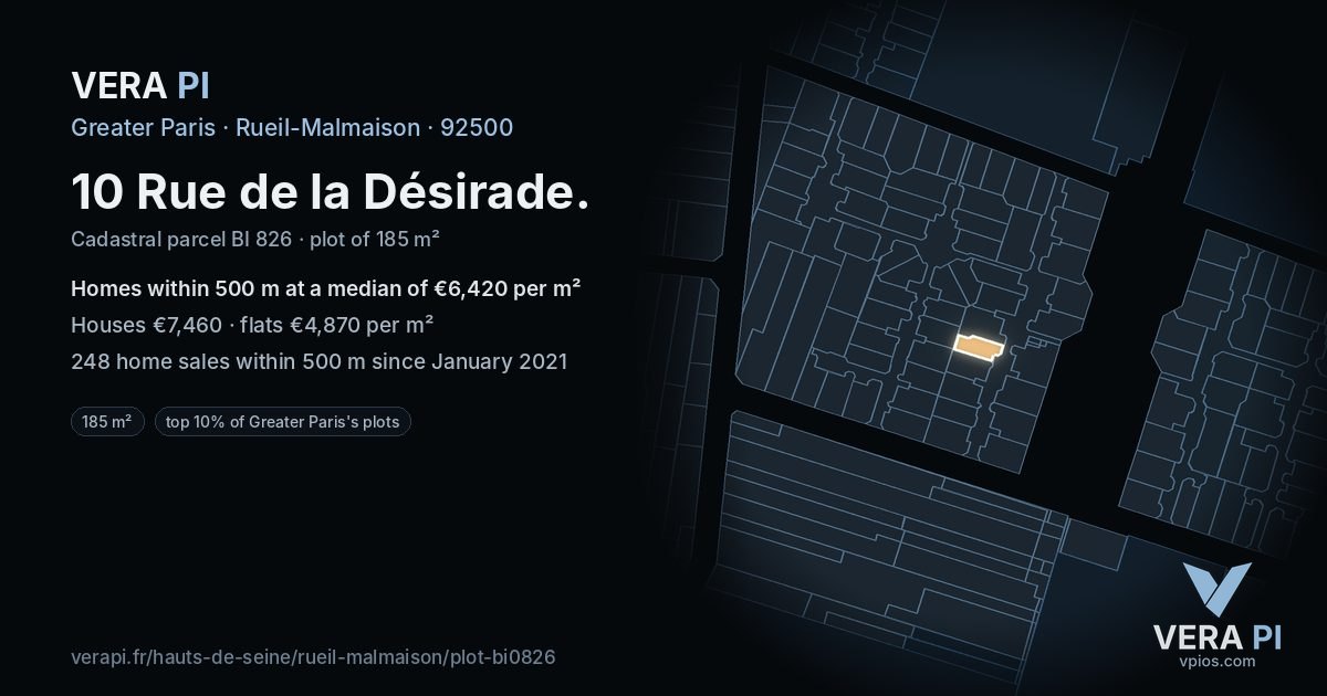 10 Rue de la Désirade, Rueil-Malmaison at night – the plot lit, the parcels around coloured by the prices near them