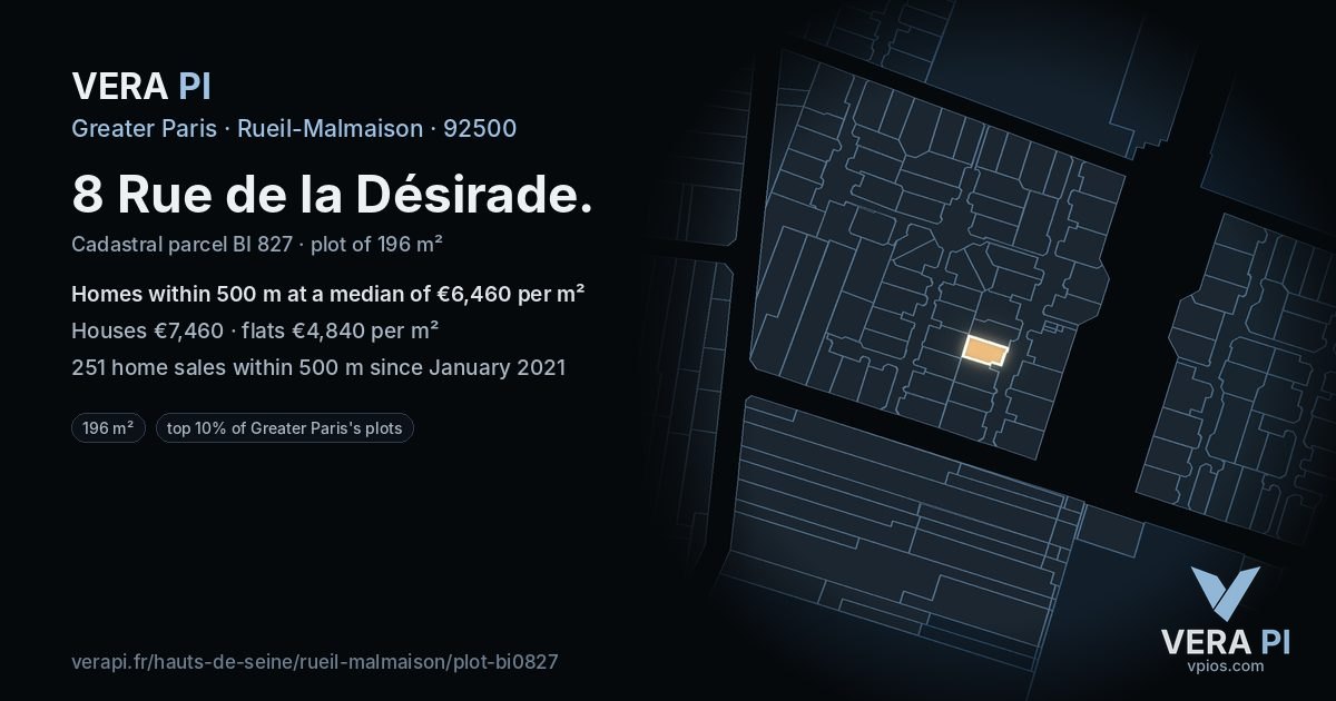8 Rue de la Désirade, Rueil-Malmaison at night – the plot lit, the parcels around coloured by the prices near them