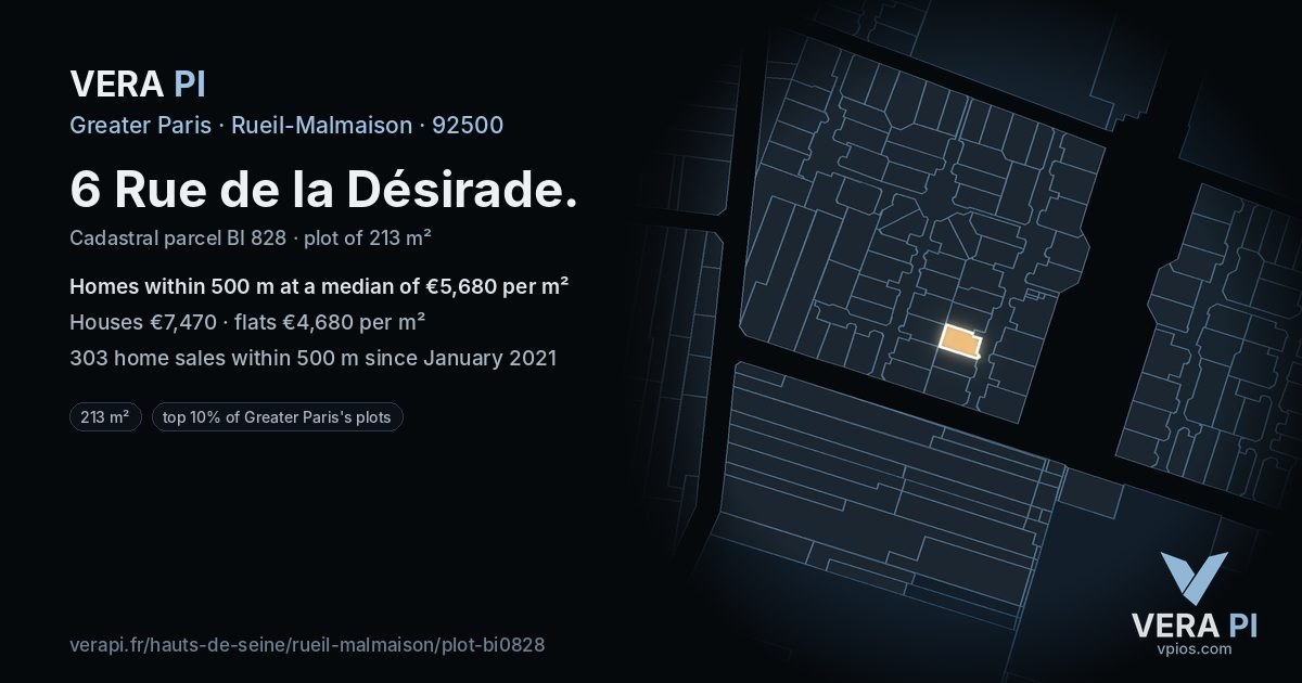 6 Rue de la Désirade, Rueil-Malmaison at night – the plot lit, the parcels around coloured by the prices near them