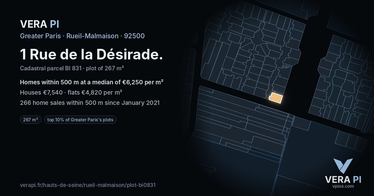 1 Rue de la Désirade, Rueil-Malmaison at night – the plot lit, the parcels around coloured by the prices near them
