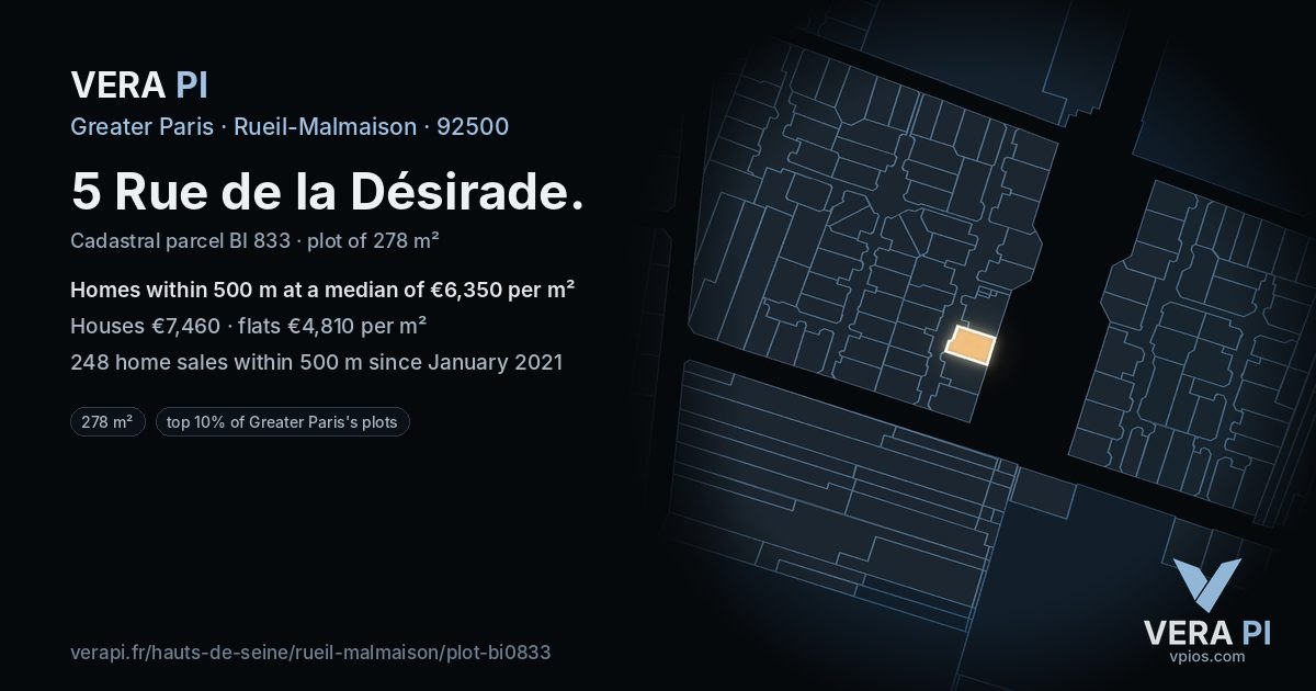 5 Rue de la Désirade, Rueil-Malmaison at night – the plot lit, the parcels around coloured by the prices near them