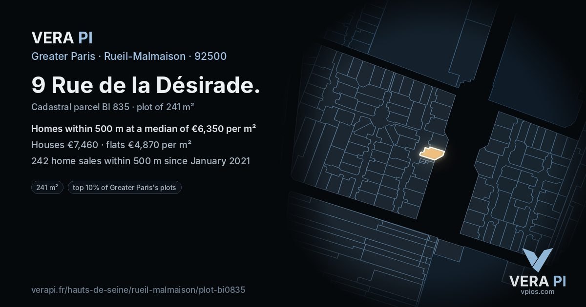 9 Rue de la Désirade, Rueil-Malmaison at night – the plot lit, the parcels around coloured by the prices near them