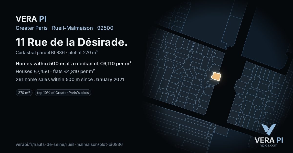 11 Rue de la Désirade, Rueil-Malmaison at night – the plot lit, the parcels around coloured by the prices near them