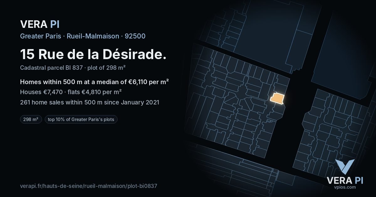 15 Rue de la Désirade, Rueil-Malmaison at night – the plot lit, the parcels around coloured by the prices near them
