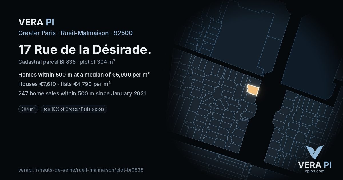 17 Rue de la Désirade, Rueil-Malmaison at night – the plot lit, the parcels around coloured by the prices near them