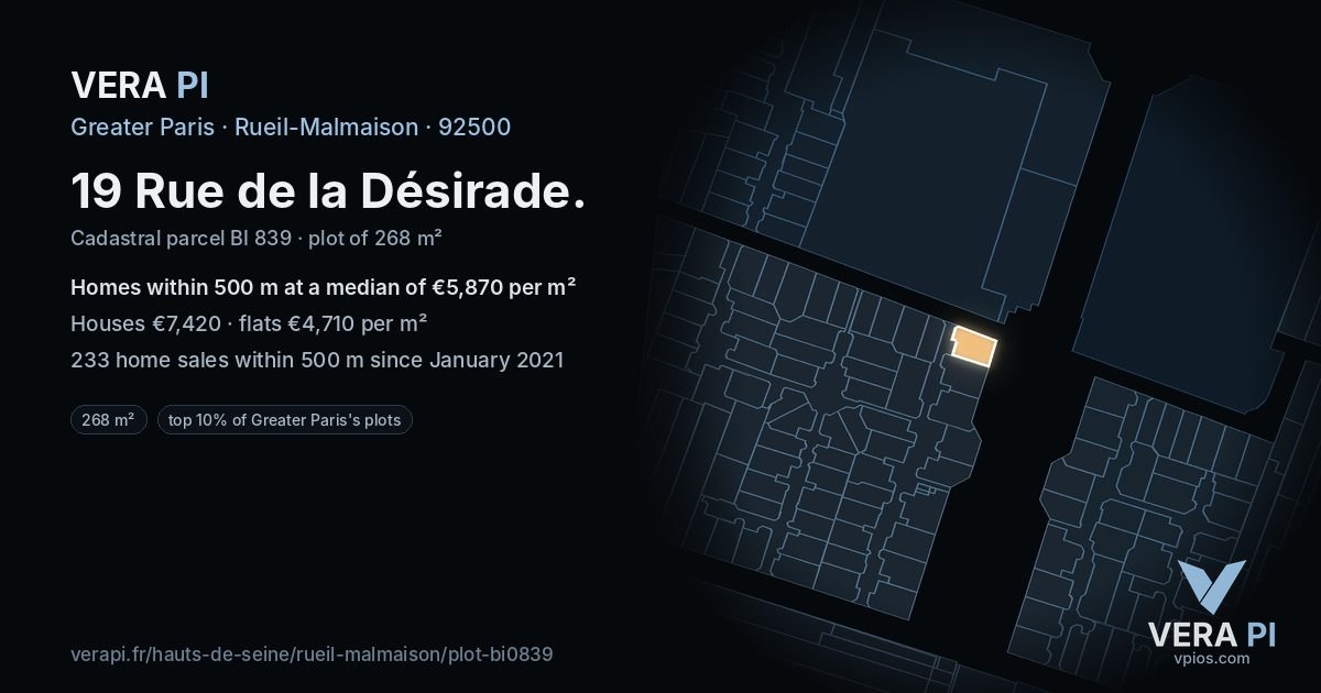 19 Rue de la Désirade, Rueil-Malmaison at night – the plot lit, the parcels around coloured by the prices near them