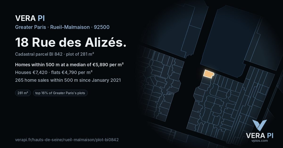 18 Rue des Alizés, Rueil-Malmaison at night – the plot lit, the parcels around coloured by the prices near them