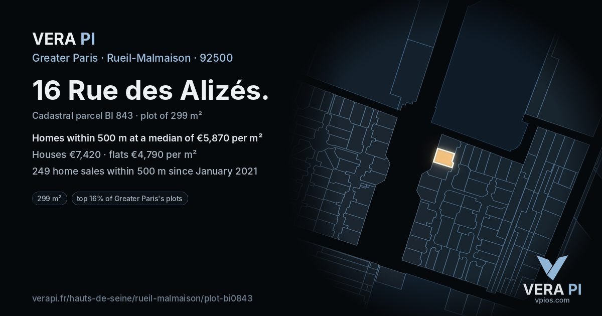16 Rue des Alizés, Rueil-Malmaison at night – the plot lit, the parcels around coloured by the prices near them