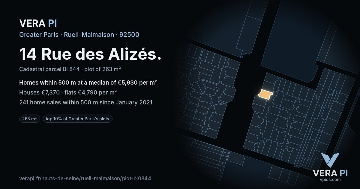 14 Rue des Alizés, Rueil-Malmaison at night – the plot lit, the parcels around coloured by the prices near them