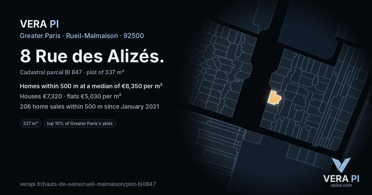 8 Rue des Alizés, Rueil-Malmaison at night – the plot lit, the parcels around coloured by the prices near them