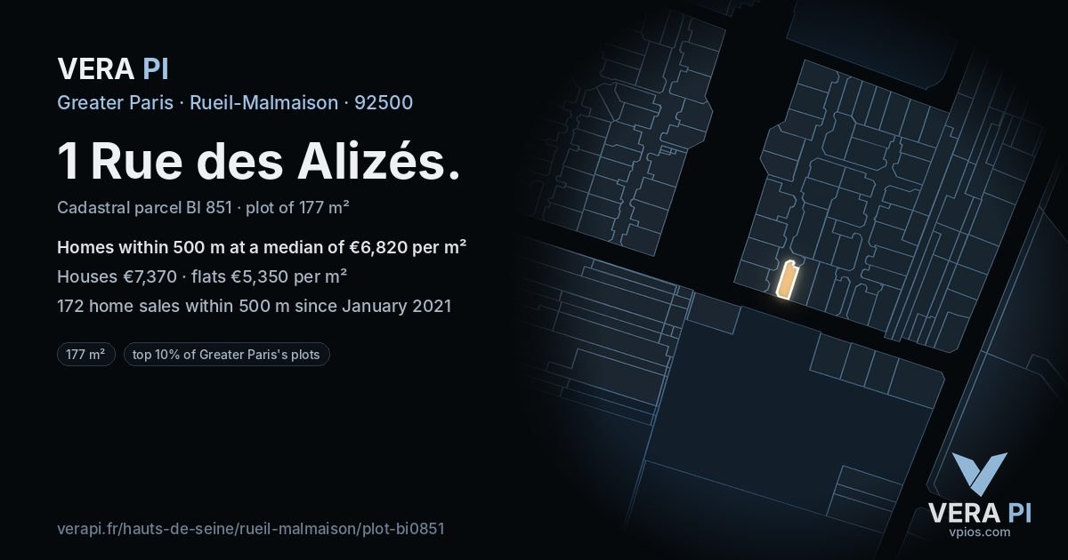 1 Rue des Alizés, Rueil-Malmaison at night – the plot lit, the parcels around coloured by the prices near them