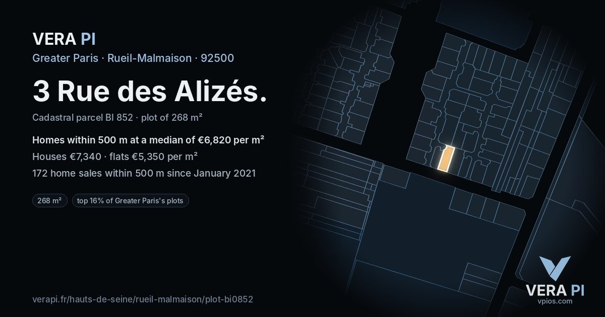 3 Rue des Alizés, Rueil-Malmaison at night – the plot lit, the parcels around coloured by the prices near them