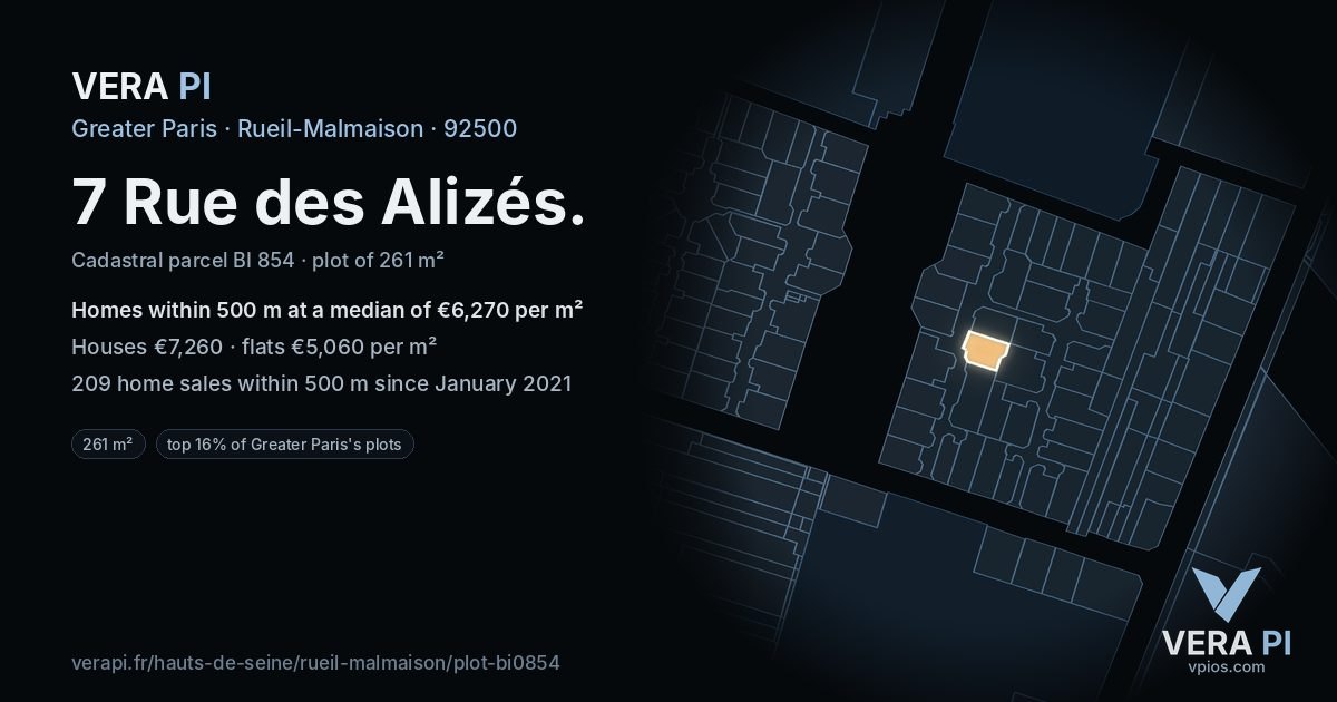 7 Rue des Alizés, Rueil-Malmaison at night – the plot lit, the parcels around coloured by the prices near them