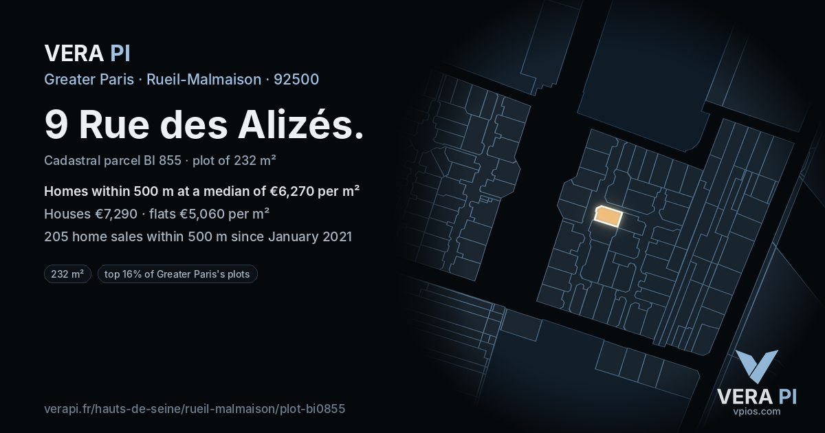 9 Rue des Alizés, Rueil-Malmaison at night – the plot lit, the parcels around coloured by the prices near them