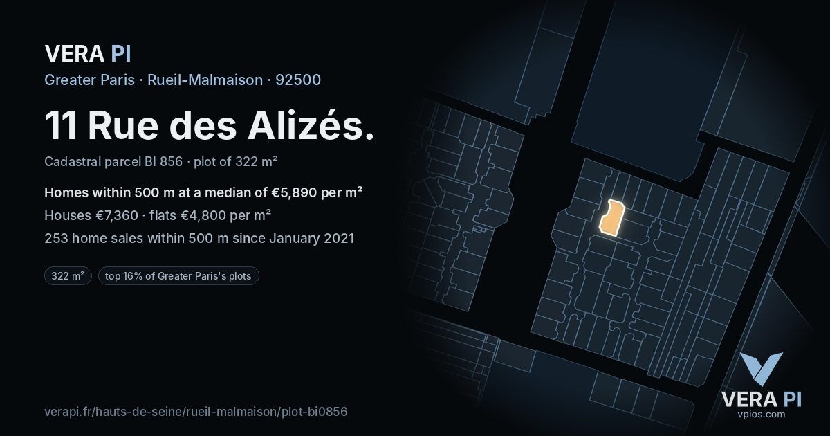11 Rue des Alizés, Rueil-Malmaison at night – the plot lit, the parcels around coloured by the prices near them