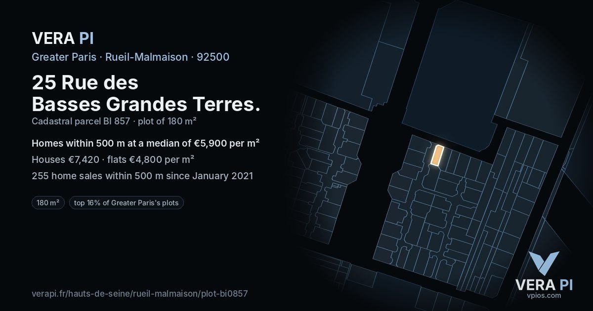 25 Rue des Basses Grandes Terres, Rueil-Malmaison at night – the plot lit, the parcels around coloured by the prices near them